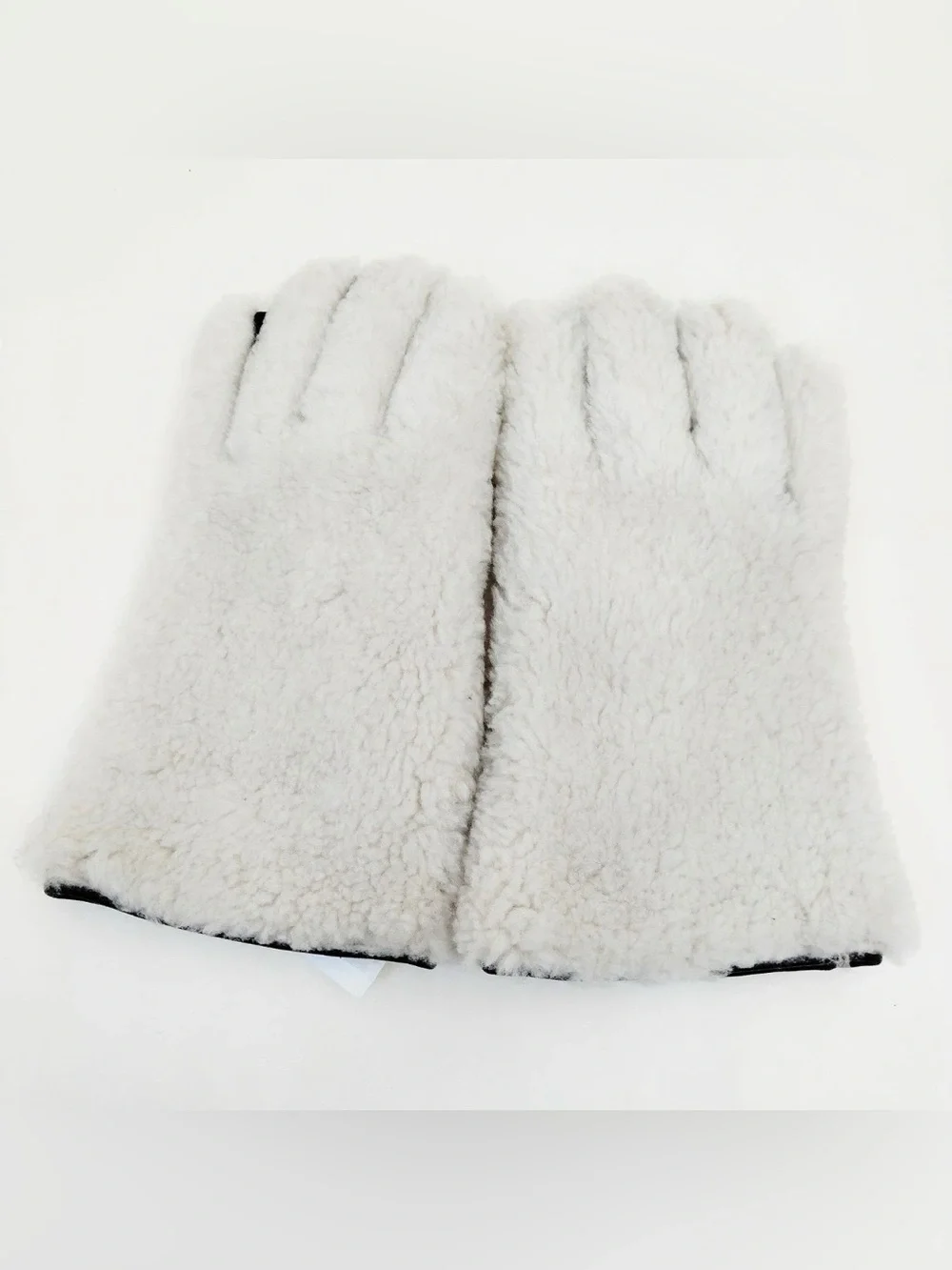 Authentic Dior White Sherpa Curly Fur Gloves with Black Leather Palms Size L